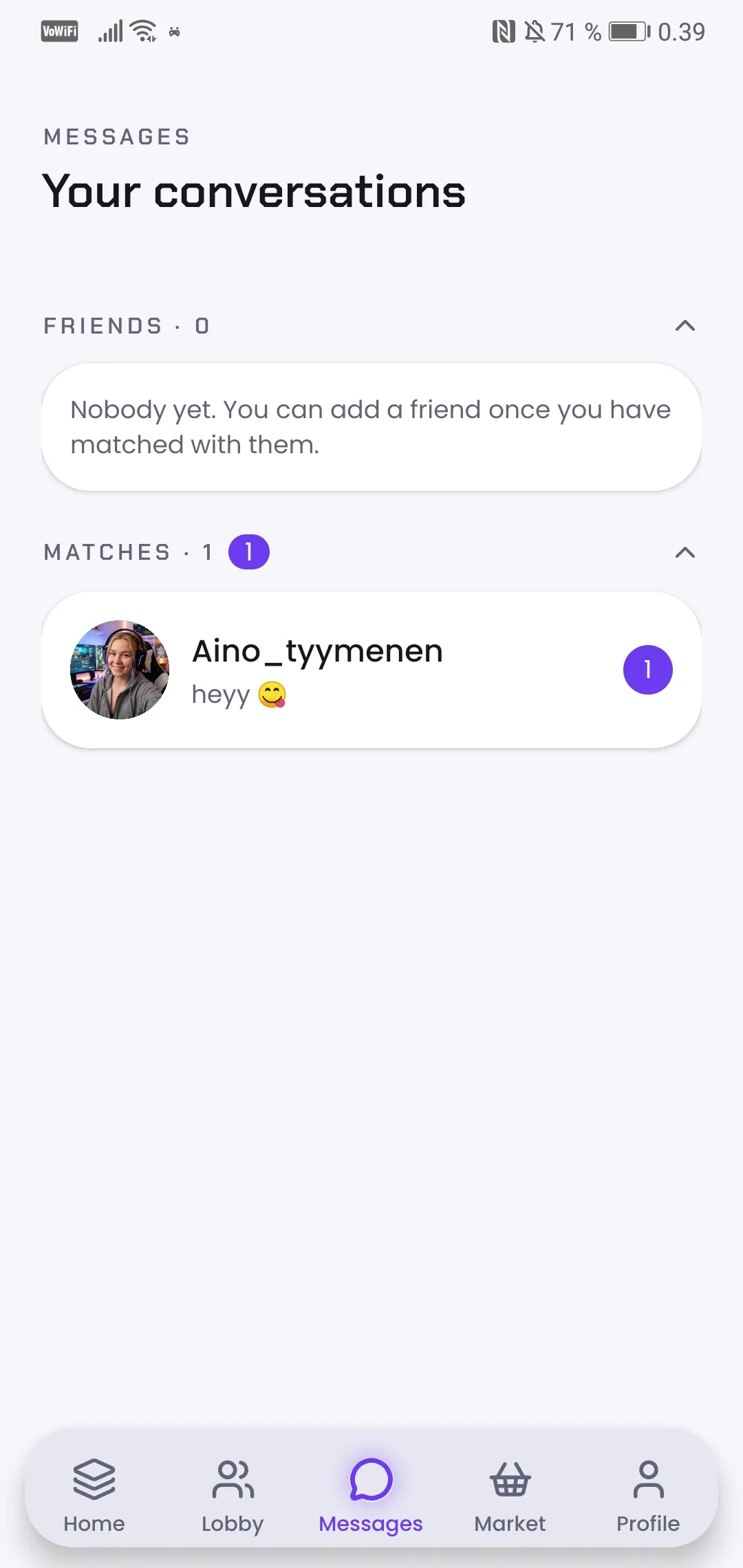 The GameBuddy conversations list, with a new match waiting