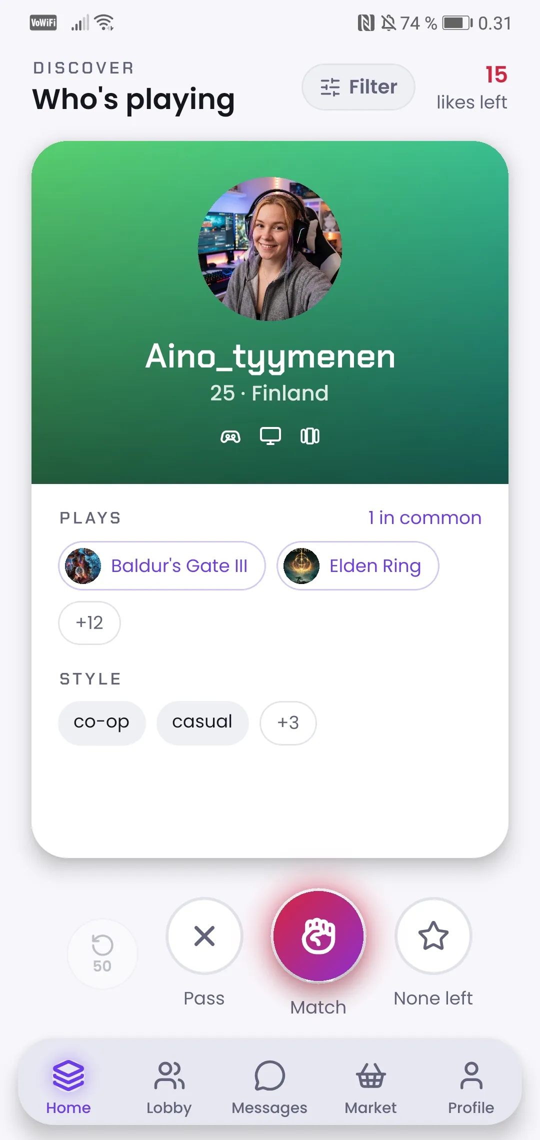 The GameBuddy deck, showing a gamer's profile with the games they play