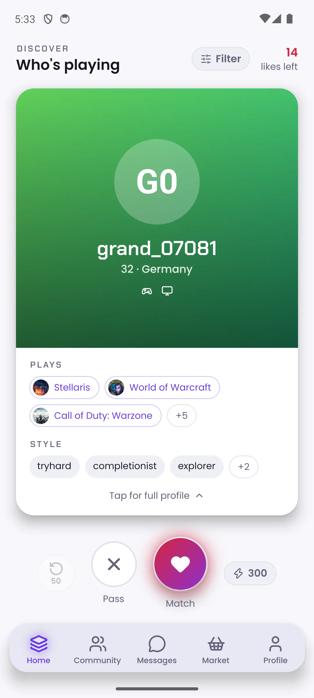 The GameBuddy deck, showing a gamer's profile with the games they play