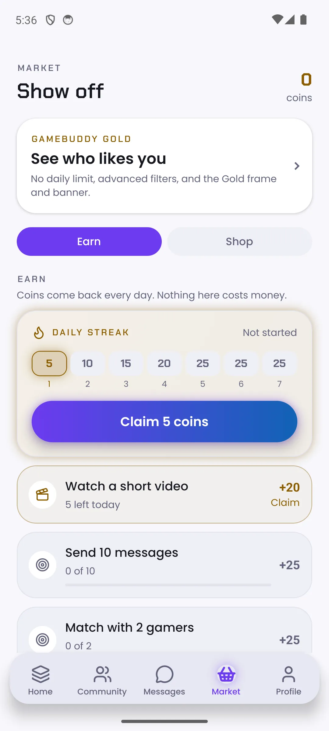 The GameBuddy market, where coins buy profile frames and banners